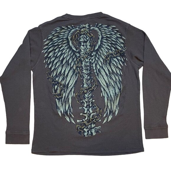 Y2K MMA Thermal Waffle Knit  Long Sleeve Shirt Skeleton Wings Goth Affliction St - Picture 3 of 7
